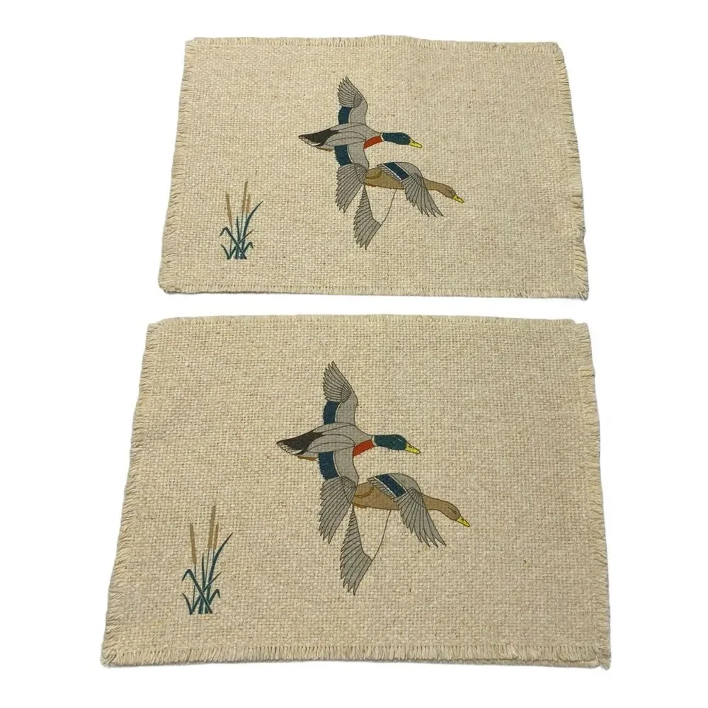 VTG Set of 4 Ivory Placemats  Handcrafts Ducks Print American Print USA